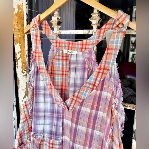 Oli & Hali Mixed Plaid Wide Leg Jumpsuit Large Raw Edge Cotton Boho - Picture 9 of 9